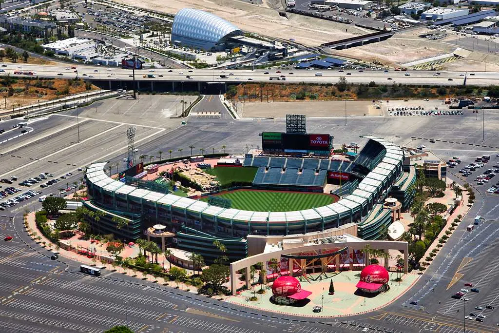 An aerial view of the Angel's Baseball Stadium in Anaheim